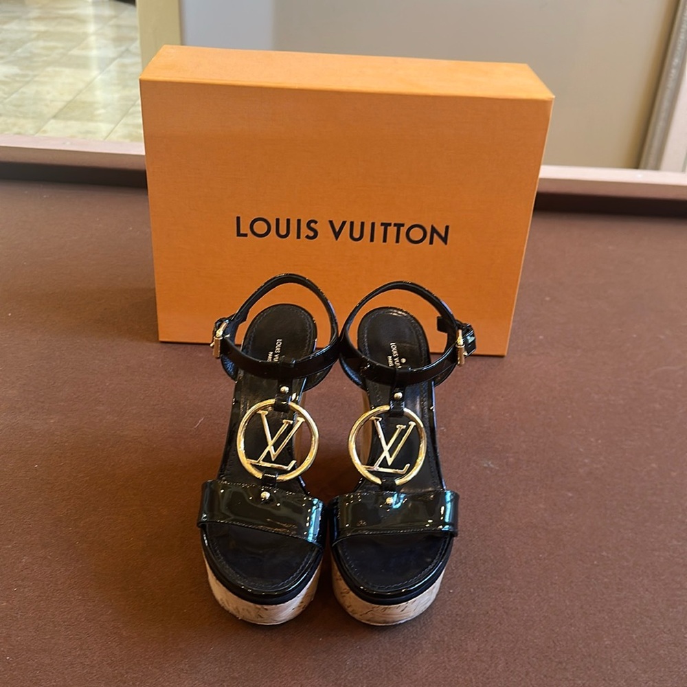 Louis Vuitton patent leather logo wedge